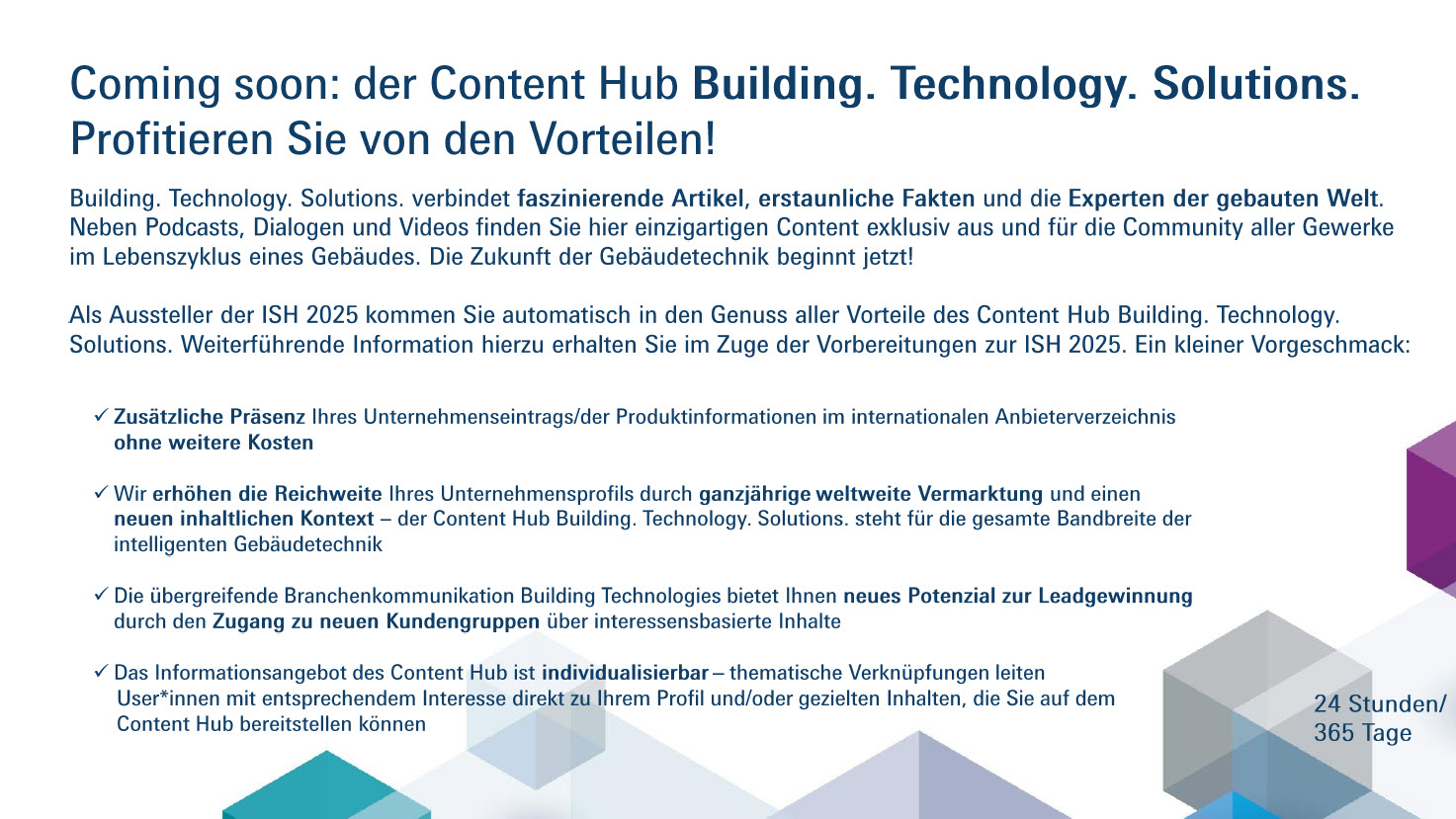 Text: Coming soon: der Contet Hub Building. Technology. Solutions