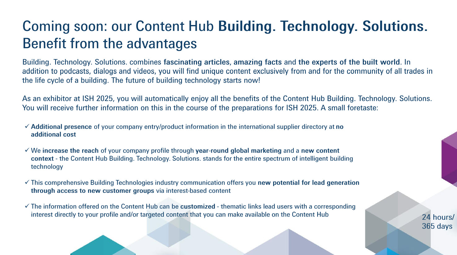 Text: Coming soon: our Contet Hub Building. Technology. Solutions